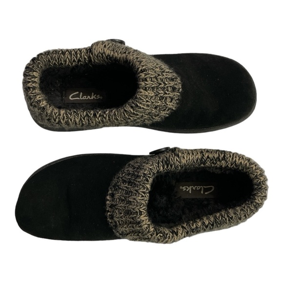 Clarks Black Leather Winter Shoes Women's 9M Knit Collar Slip On Round Toe - Picture 6 of 11